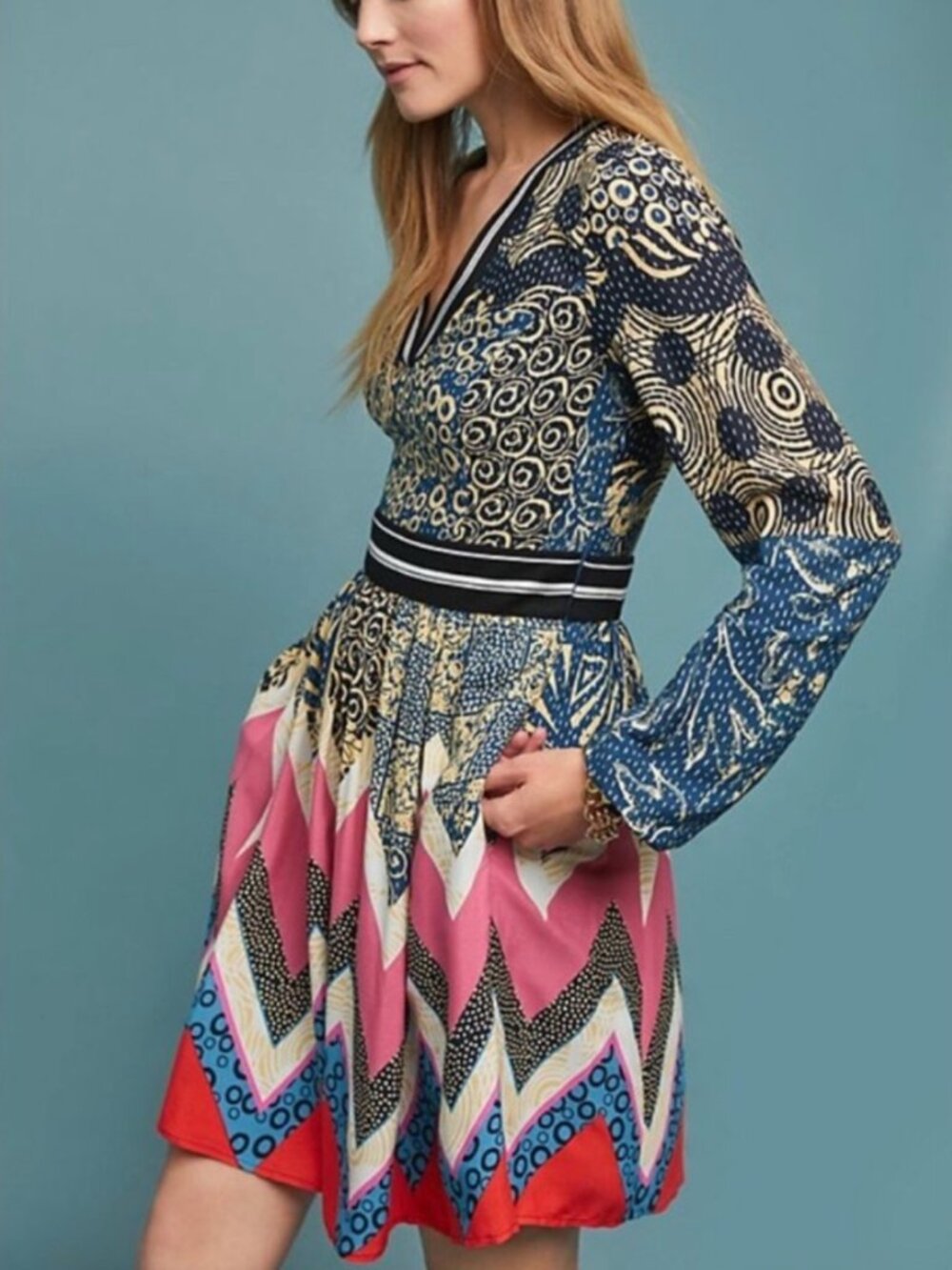 Anthropologie Multicolor Mixed-Print Long-Sleeved Dress Size 6